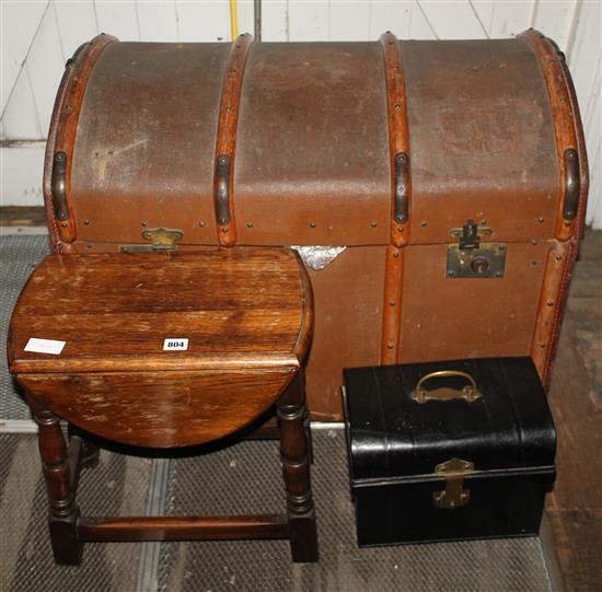 Domed top trunk, similar tin & small oak table